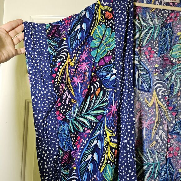 Triumph Painted Leaves Kimono Kaftan Multi Blue Fringe Swim Cover Up - Picture 5 of 8